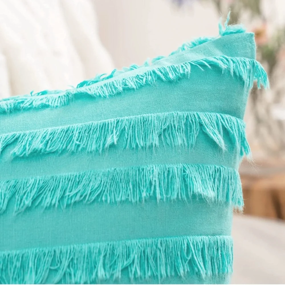 Luxury Home | Boho Chic Turquoise Frayed Striped Jaquard Lumbar Pillow Covers